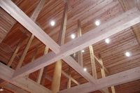 リビングの吹き抜け天井。大きな杉梁材を多用し照明もダウンライトを採用致しました。
